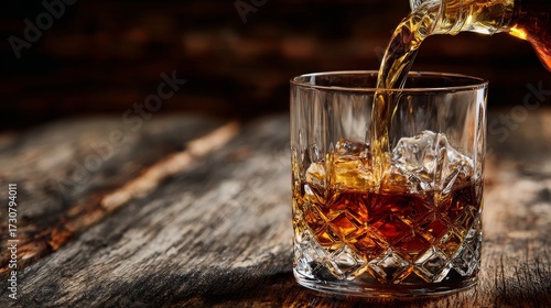 Whiskey or cognac is poured into an old fashioned glass, close up