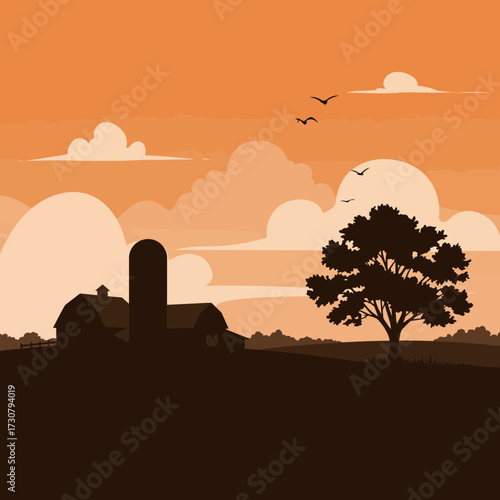 Silhouette of a barn, tree, and cloudy sky against an orange sunset backdrop, evoking a rural or farm setting; concept for agricultural promotions, country living imagery, and landscape illustration