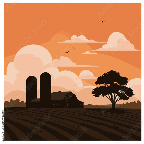 Silhouette illustration of barn with silos on farmland under orange sky with birds, concept for agriculture production, rural landscape design and farm industry promotion