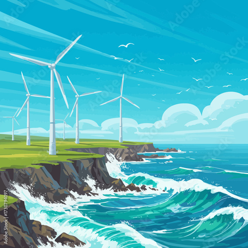 Coastal wind farm with turbines on grassy cliffs overlooking a vibrant ocean under a sunny sky. Concept for renewable energy promotion, environmental awareness, and sustainable development