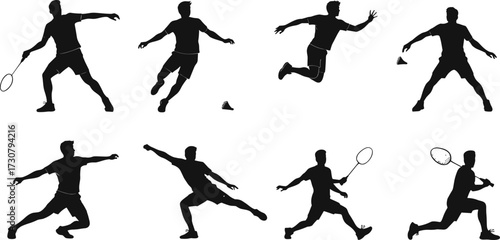 Badminton player silhouette, dynamic action poses, sports vector, shuttlecock hit, racket swing, athlete movement, black figure, isolated illustration