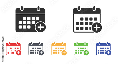 Black calendar icons with plus signs in various color variations shown
