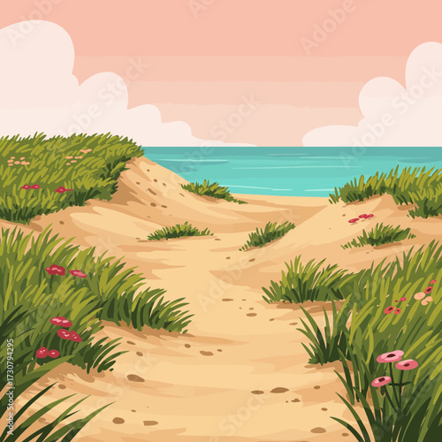 Sandy path leading to blue ocean surrounded by green grass and pink flowers on a bright day, concept for summer backdrop, coastal illustration and vacation design