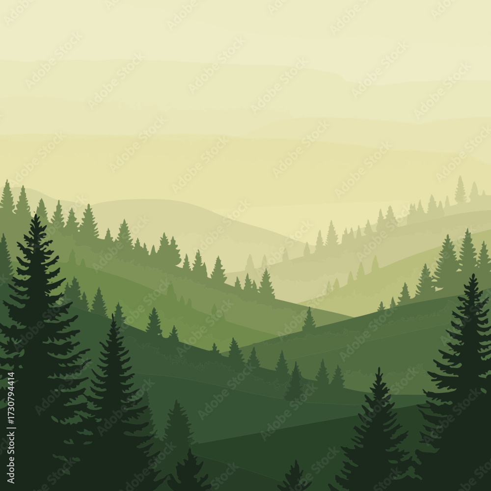 Fototapeta premium Serene layered hills with coniferous trees in varying shades of green under a misty sky. Concept for nature backgrounds, environmental awareness and peaceful landscapes