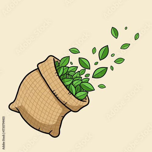 Jute bag overflowing with fresh green leaves, scattered around in an artistic style, concept for herbal product promotion, eco-friendly packaging design and organic agriculture visuals