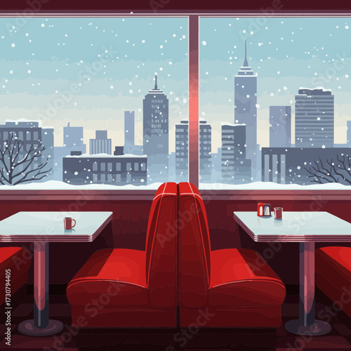 Cozy red booth interior view through snowy window of city skyscrapers on winter day. Concept for holiday setting, urban calm and quiet moment, seasonal mood