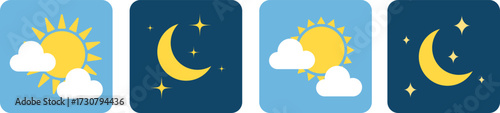 Day and night sky icons with sun moon and clouds