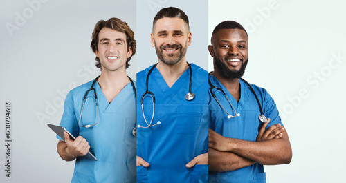 Slika na platnu Three healthcare practitioners, a man with a tablet, a man with a stethoscope, and a man with arms crossed, represent diversity in medicine