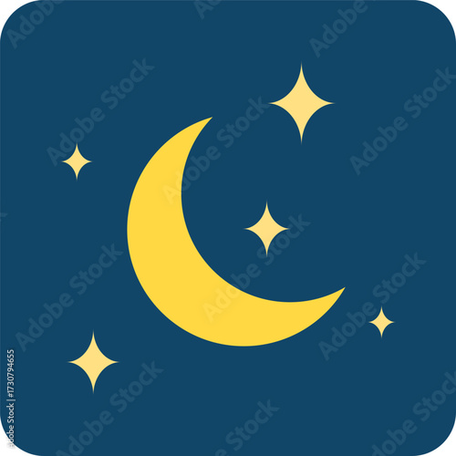 Yellow crescent moon and stars on dark blue night sky