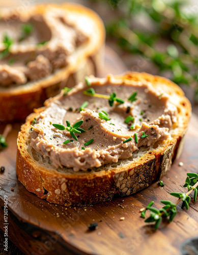 Appetizing crusty bread with smooth liver pate spread, fresh thyme and chives. Tasty food.