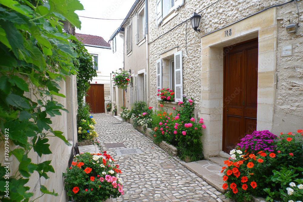 Naklejka premium Charming cobblestone path leading to traditional wooden door with colorful flower pots and window shutters