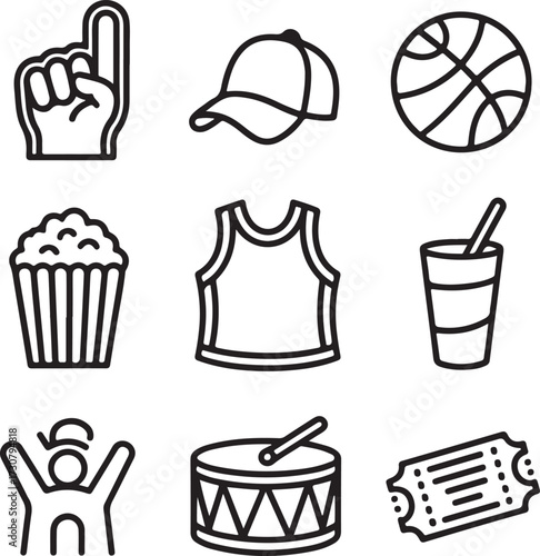 Basketball Fan Gear Vector Icons Foam Finger, Cap, Team Jersey, Popcorn, Soda Cup, Drum, Ticket, and Cheering Crowd Outline Art Collection