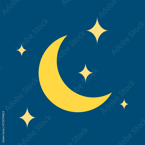 A crescent moon shines among twinkling stars on a dark blue night sky