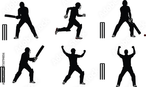 Cricket player silhouette set with stumps, batting, running, celebrating poses, sports action vector for game, team, competition, training