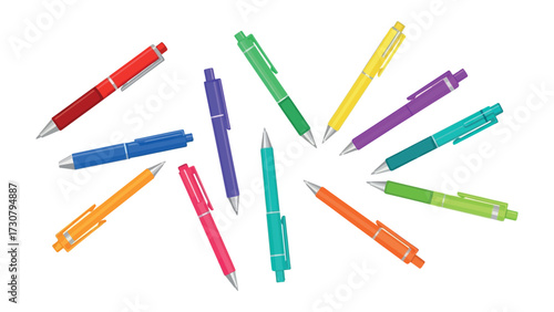 Colorful Array of Pens: A vibrant collection of colorful pens arranged in a visually appealing pattern. This diverse set of writing instruments. Capturing the essence of creativity and expression.