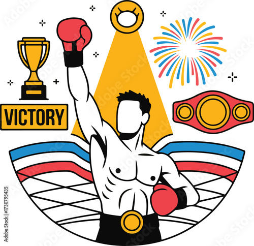 Boxing Championship Icon Pack Trophy, Medal, Championship Belt, Scoreboard, Fireworks, Ring, Victory Banner, and Fighter Pose Graphics