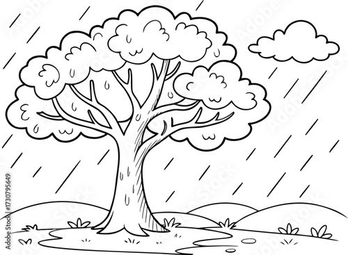 Cartoon Tree in the Rain Grayscale Illustration for Coloring Pages