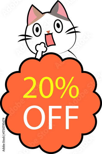 Cute cat announcing a 20 percent off sale