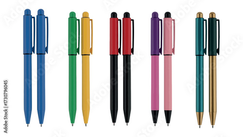 Colorful Pen Collection: An organized composition of a colorful set of sleek pens, each with a distinct color palette, captured in a visually appealing array.