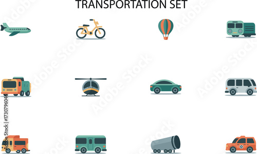 A colorful vector illustration of different transportation modes and vehicles icons