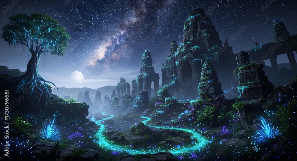Fototapeta premium Discover a stunning fantasy landscape with ancient ruins bathed in moonlight, perfect for adding a magical touch to your creative projects and visual storytelling