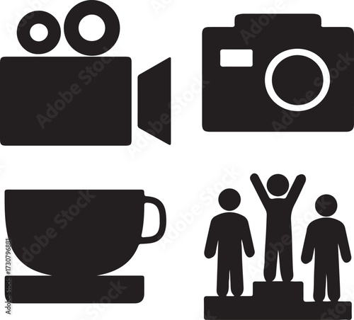 Collection of icons video camera camera coffee cup and winners podium
