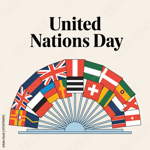 Vector art of united nations day depicted with a fanshaped arrangement of various national flags, representing diverse countries coming together for a common cause