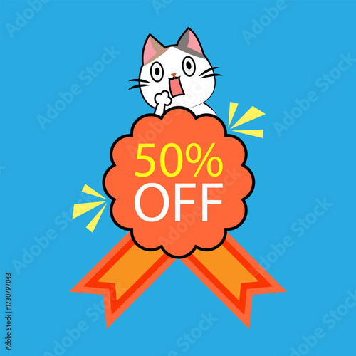Surprised cat on a 50 percent off sale ribbon