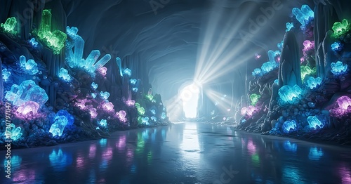 Stunning crystal cave glows with vibrant blues, purples, and greens, bathed in ethereal light streaming from an exit ahead, inspiring wonder and discovery.