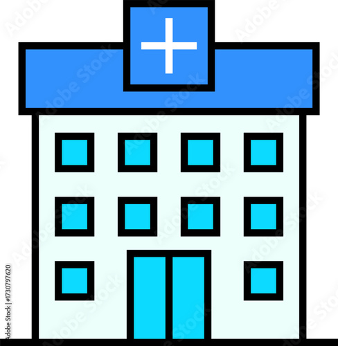Simple cartoon illustration of a modern hospital building
