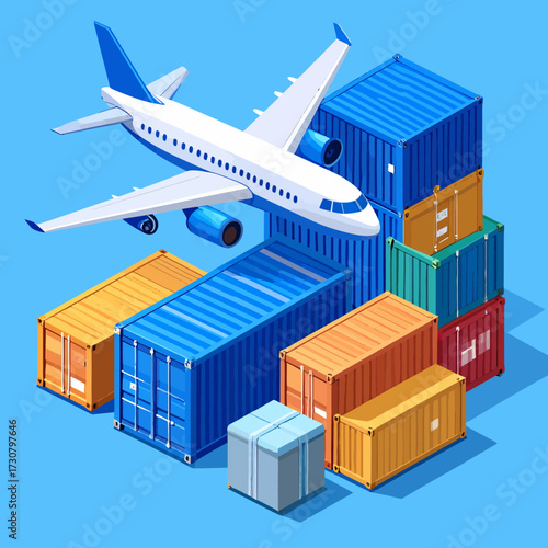 Global Shipping Concept with Airplane Flying Over Cargo Containers Illustration