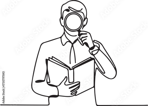 Vector art of person reading a book with a magnifying glass
