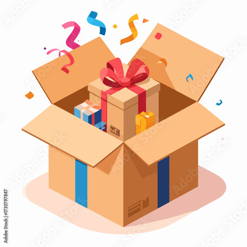 The joyful moment of unboxing a special delivery, with a cardboard package revealing multiple gift-wrapped presents and festive confetti