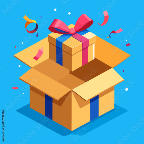 Unboxing Gift Festive Celebration with Ribbon, Confetti, and Surprise Present on Blue Background