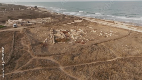 Aerial View of Tel Shikmona Ancient Ruins on Mediterranean Coastline Israel