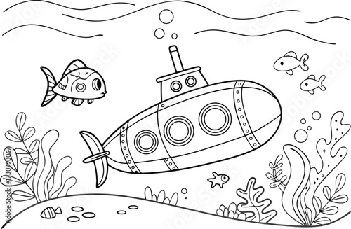 Underwater Adventure Coloring Page Submarine Fish and Seaweed
