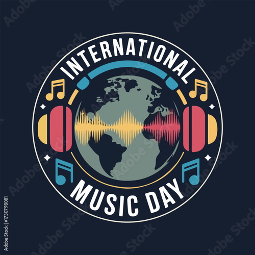 International Music Day vector illustration with colorful instruments, sound waves, microphone, headphones, and musical notes celebrating global harmony and music festival culture