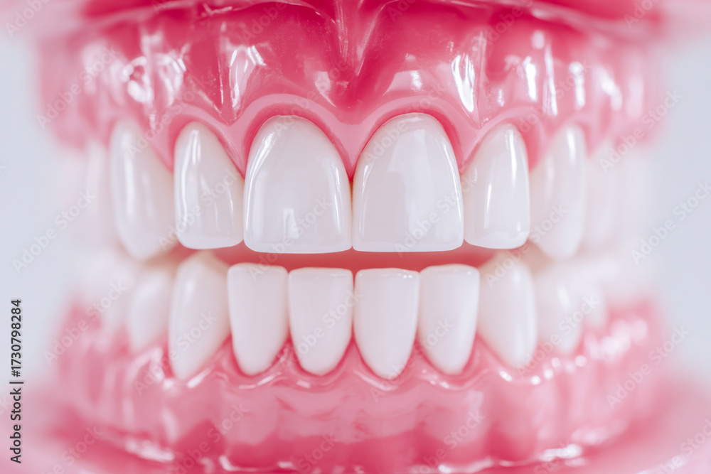 Obraz premium Realistic dental model showcasing clean white teeth and healthy pink gums used for educational and professional dental demonstrations in clinics and schools