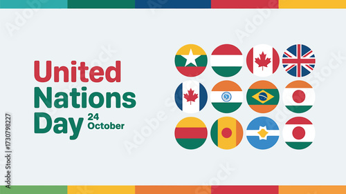 Vector art of united nations day celebration graphic with flags of member states and colorful border