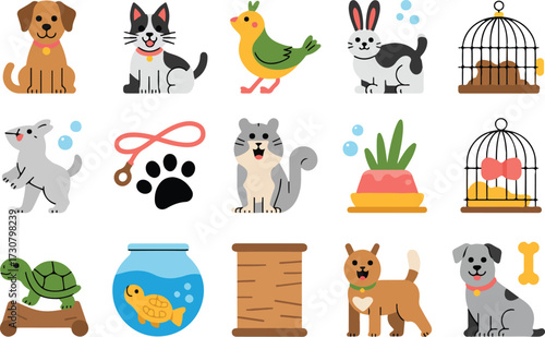 Adorable cartoon illustrations of various domestic pets and their accessories for pet lovers