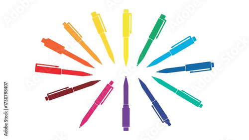 Rainbow Pen Ensemble: A vibrant collection of colorful pens, meticulously arranged in a circular pattern, symbolizes creativity and imagination, ready to bring artistic vision to life.