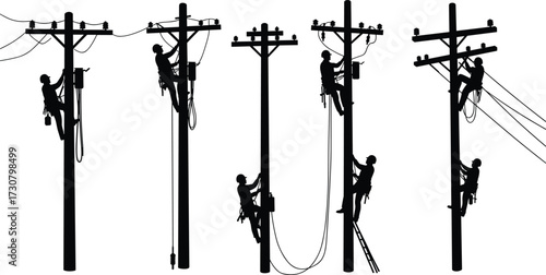 Electricians climbing utility poles, repairing power lines, electrical workers maintaining high voltage cables, safety gear, energy service, professional lineman work.eps
