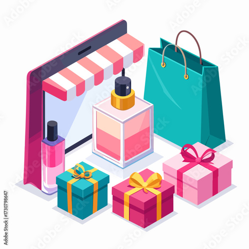 Isometric illustration of an online store concept for cosmetics and gifts, with a tablet, perfume bottles, and presents
