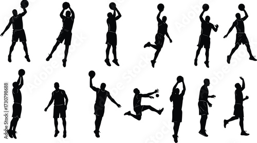 Basketball player silhouette set, dribbling, shooting, jumping, passing poses, sports action vector for game, athlete, team, training, competition