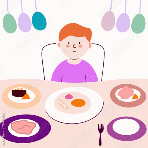Boy sitting at table with empty plates, curious, in a colorful modern illustration style