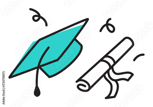 Higher education: graduation cap and diploma scroll