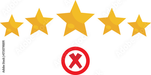 Five golden stars above a red circle with a red x symbol