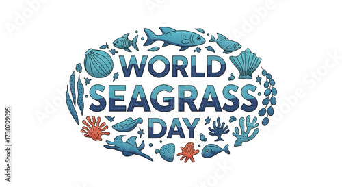 Typography poster “World Seagrass Day” surrounded by marine icons.
