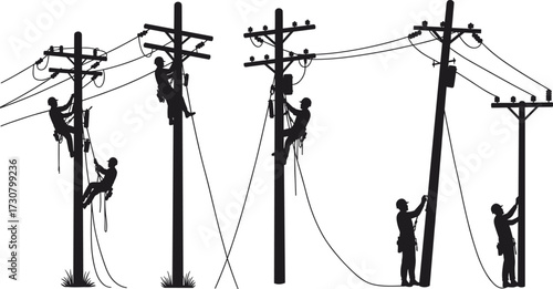 Electricians climbing utility poles, repairing power lines, professional linemen working with safety gear, energy system maintenance, electrical repair service, outdoor cables