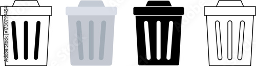 Four stylized trash cans in a row with varying levels of detail